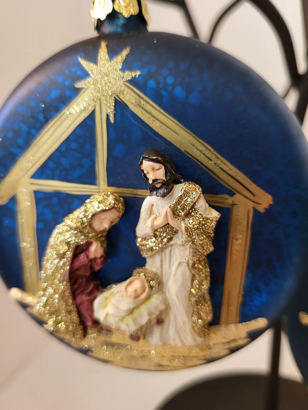 Pier 1 Hand-Painted 3-D Relief Blue Nativity Glass Ornament S/2